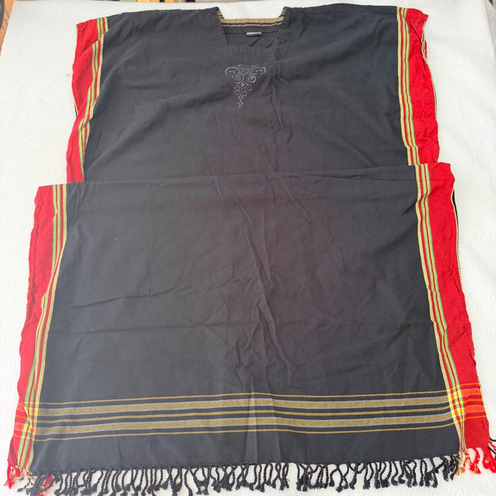 Oneway Black Kaftan Tunic Red Yellow Striped Border Fringed Boho Oversized Dress